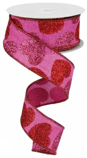 1.5"x10yd Bold Hearts On Royal Burlap, Fuchsia/Red/Hot Pink  JA5