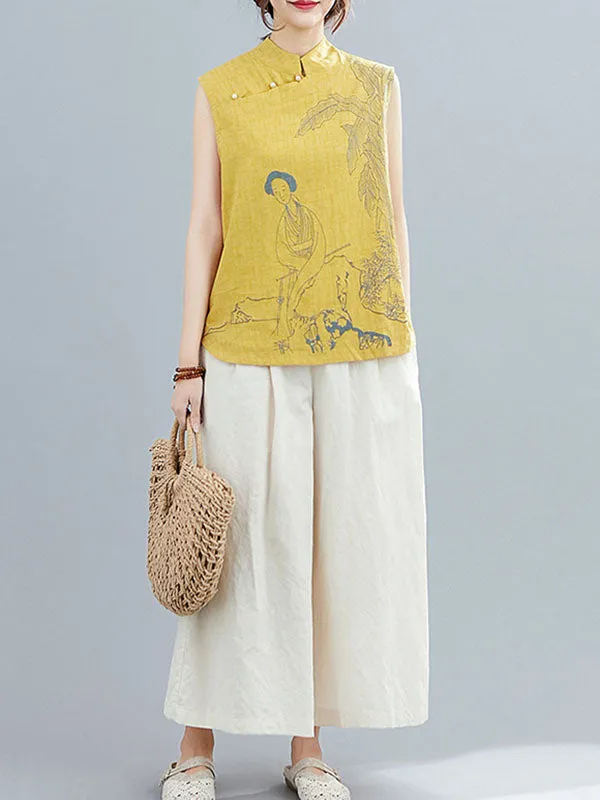 Artistic Retro Chinese-Style Printed Buttoned Stand Collar Sleeveless Vest