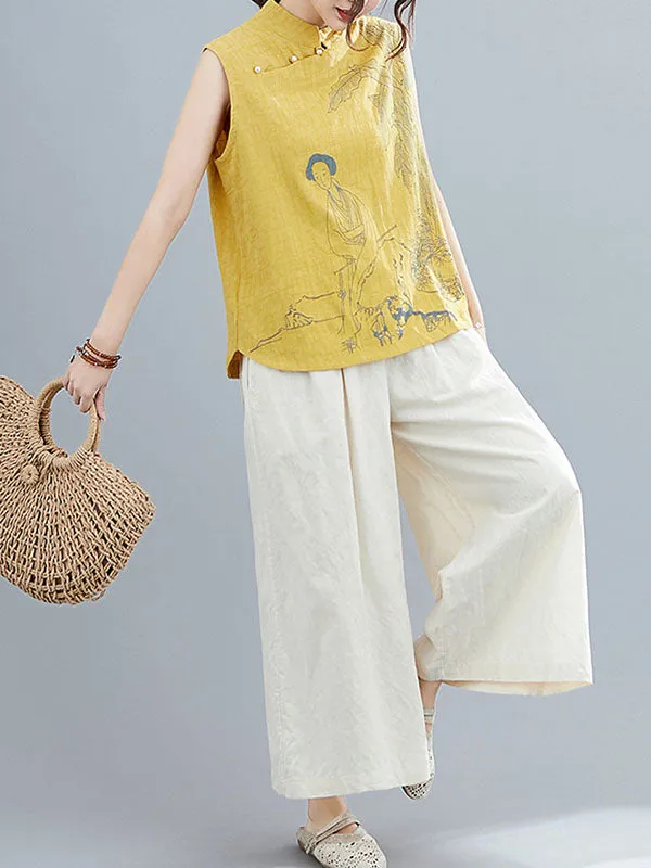 Artistic Retro Chinese-Style Printed Buttoned Stand Collar Sleeveless Vest