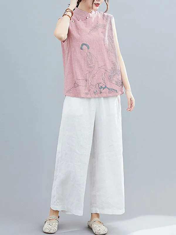 Artistic Retro Chinese-Style Printed Buttoned Stand Collar Sleeveless Vest