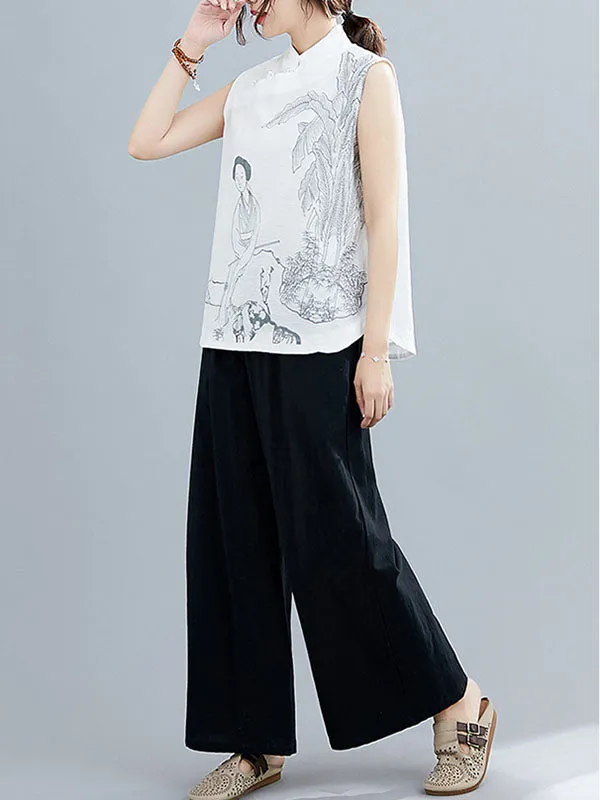 Artistic Retro Chinese-Style Printed Buttoned Stand Collar Sleeveless Vest