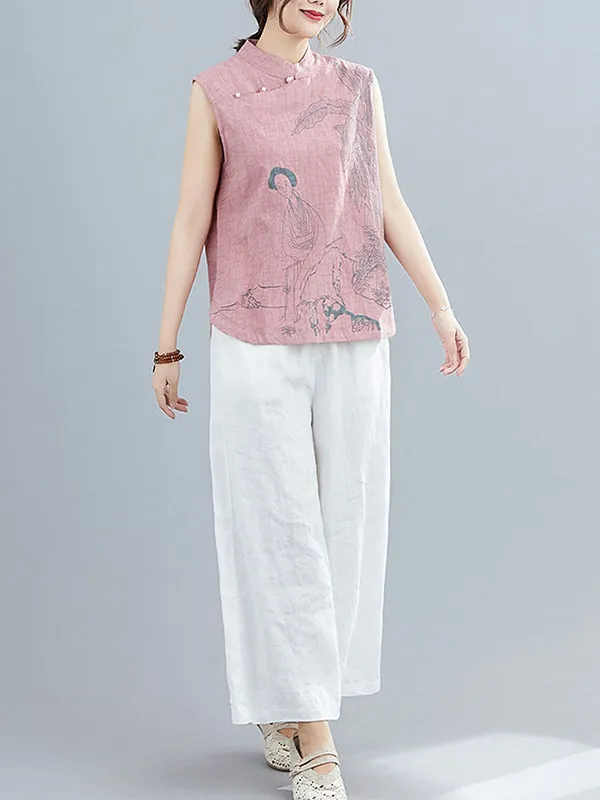 Artistic Retro Chinese-Style Printed Buttoned Stand Collar Sleeveless Vest