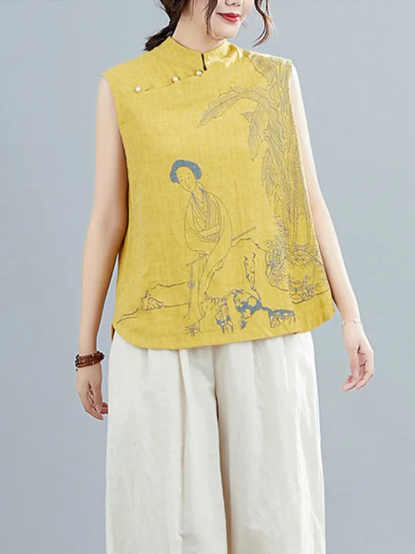 Artistic Retro Chinese-Style Printed Buttoned Stand Collar Sleeveless Vest