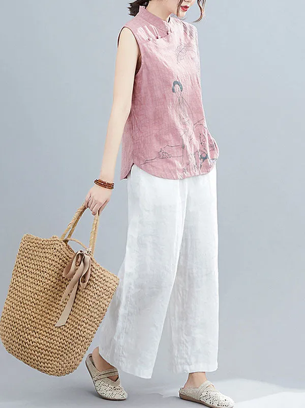 Artistic Retro Chinese-Style Printed Buttoned Stand Collar Sleeveless Vest