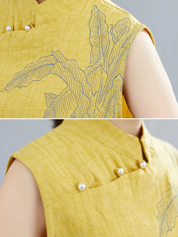 Artistic Retro Chinese-Style Printed Buttoned Stand Collar Sleeveless Vest