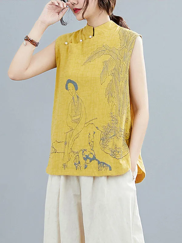 Artistic Retro Chinese-Style Printed Buttoned Stand Collar Sleeveless Vest