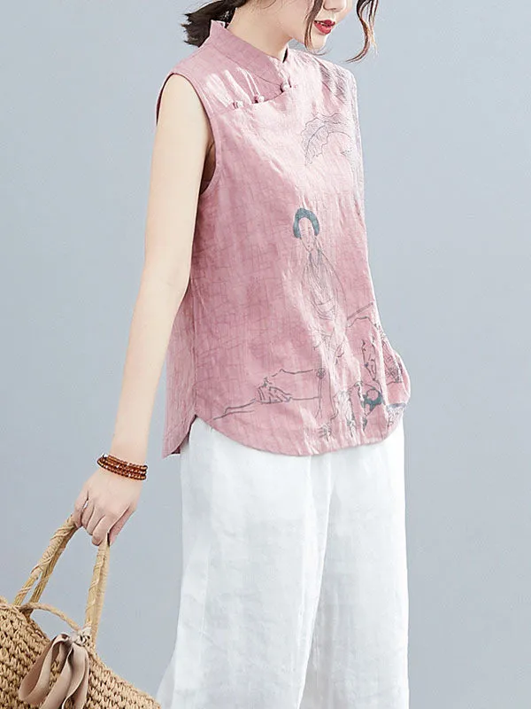 Artistic Retro Chinese-Style Printed Buttoned Stand Collar Sleeveless Vest