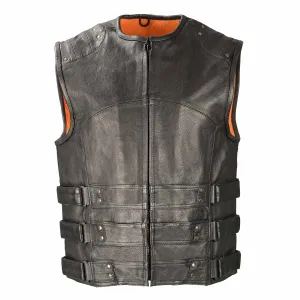 Biker Hill BAM3530 Men's Swat-Tactical Style Black Motorcycle Leather Rider Vest