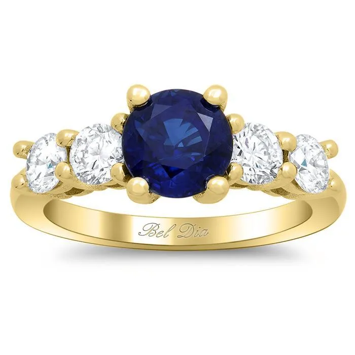 Blue Sapphire Five Stone Engagement Ring with Diamond Accents