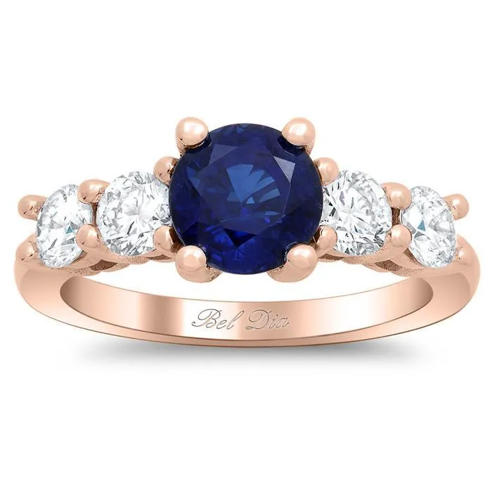 Blue Sapphire Five Stone Engagement Ring with Diamond Accents