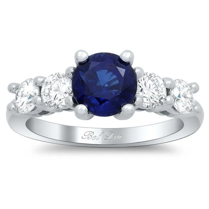 Blue Sapphire Five Stone Engagement Ring with Diamond Accents