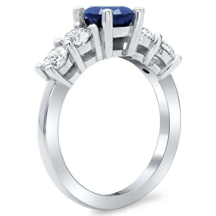 Blue Sapphire Five Stone Engagement Ring with Diamond Accents