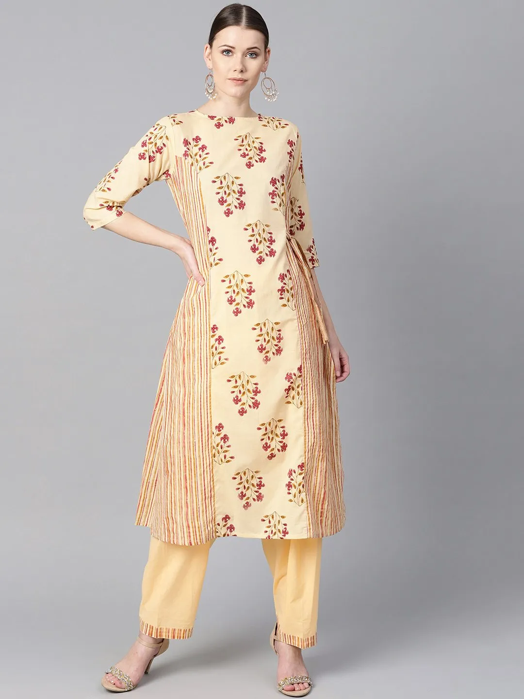 Floral Printed Kurta With Striped Panels With Solid Light Beige Salwar