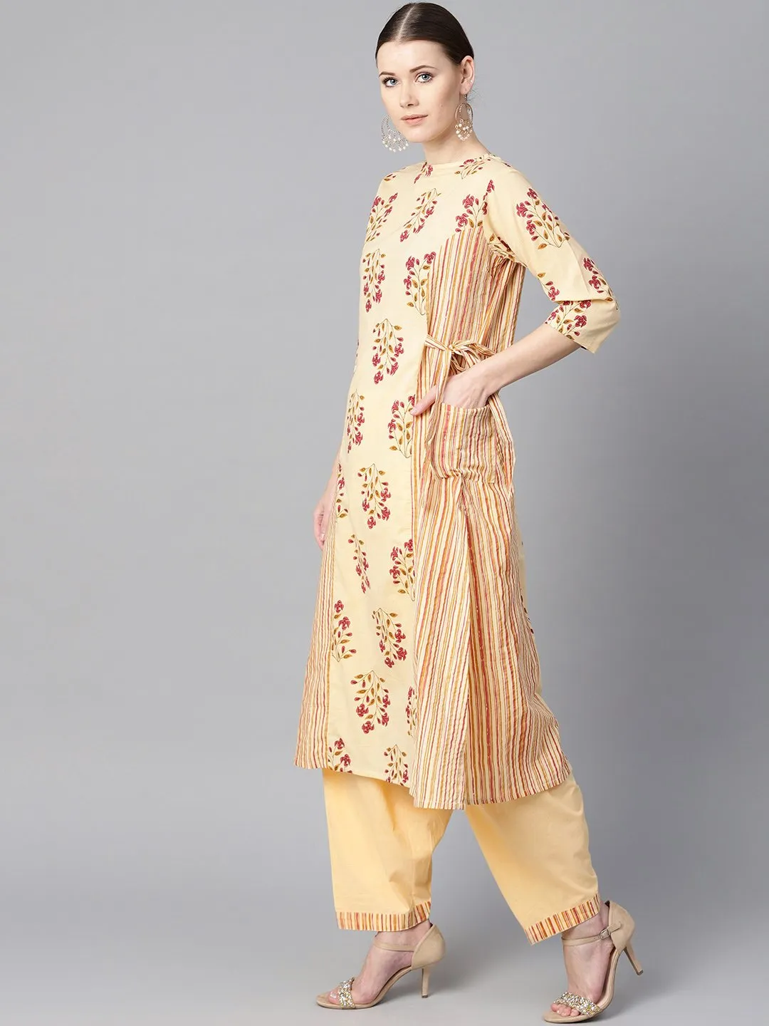 Floral Printed Kurta With Striped Panels With Solid Light Beige Salwar