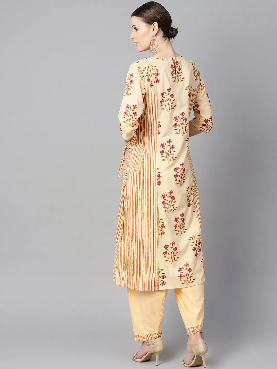 Floral Printed Kurta With Striped Panels With Solid Light Beige Salwar