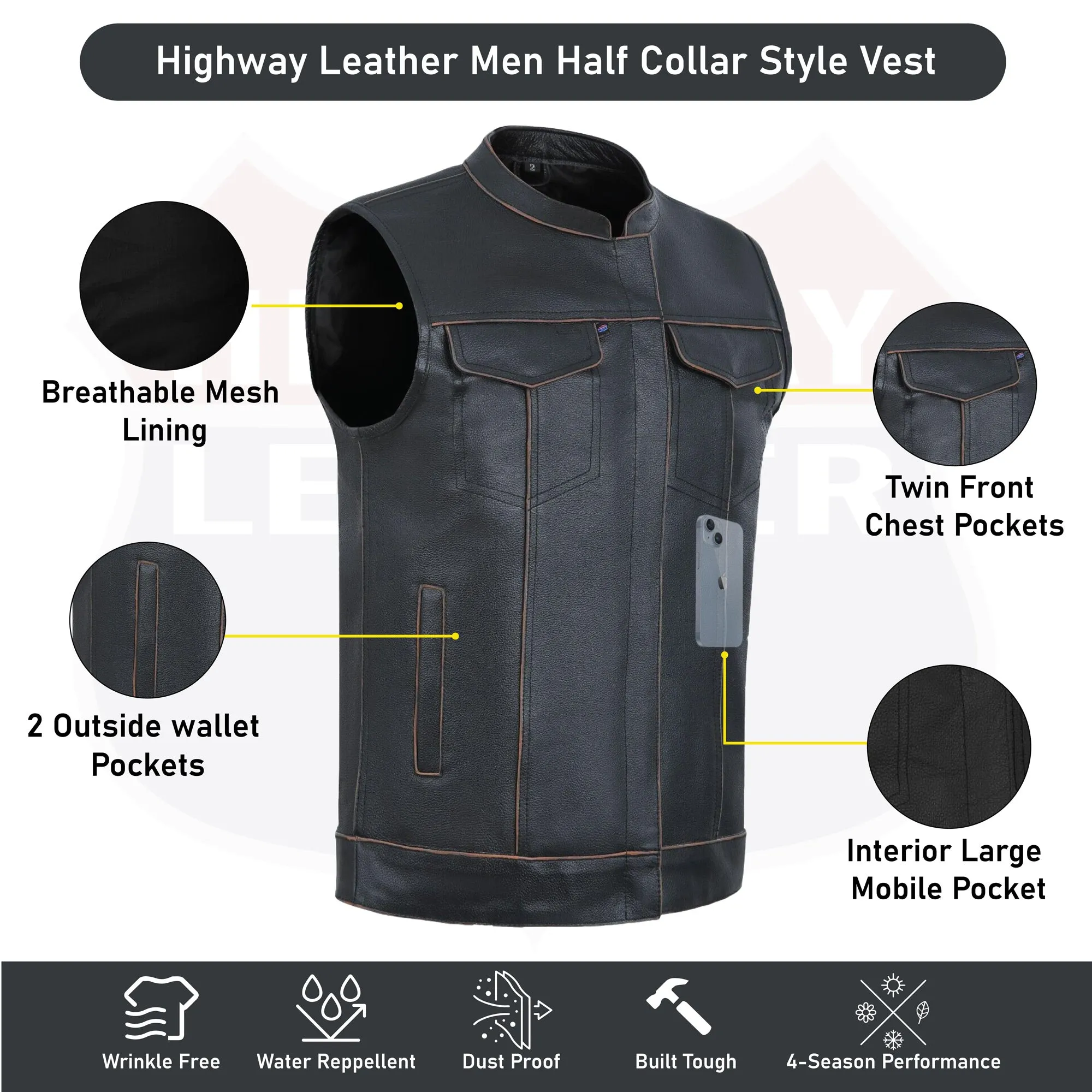 HL11689SPT SOA Men's Rub Buff Leather Vest Anarchy Motorcycle Biker Club Concealed Carry