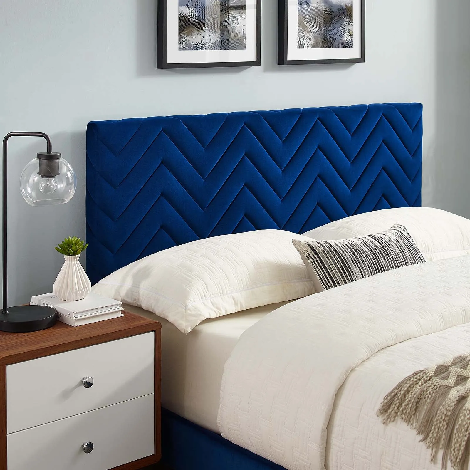 Leah Chevron Tufted Performance Velvet Queen Platform Bed Navy MOD-6973-NAV