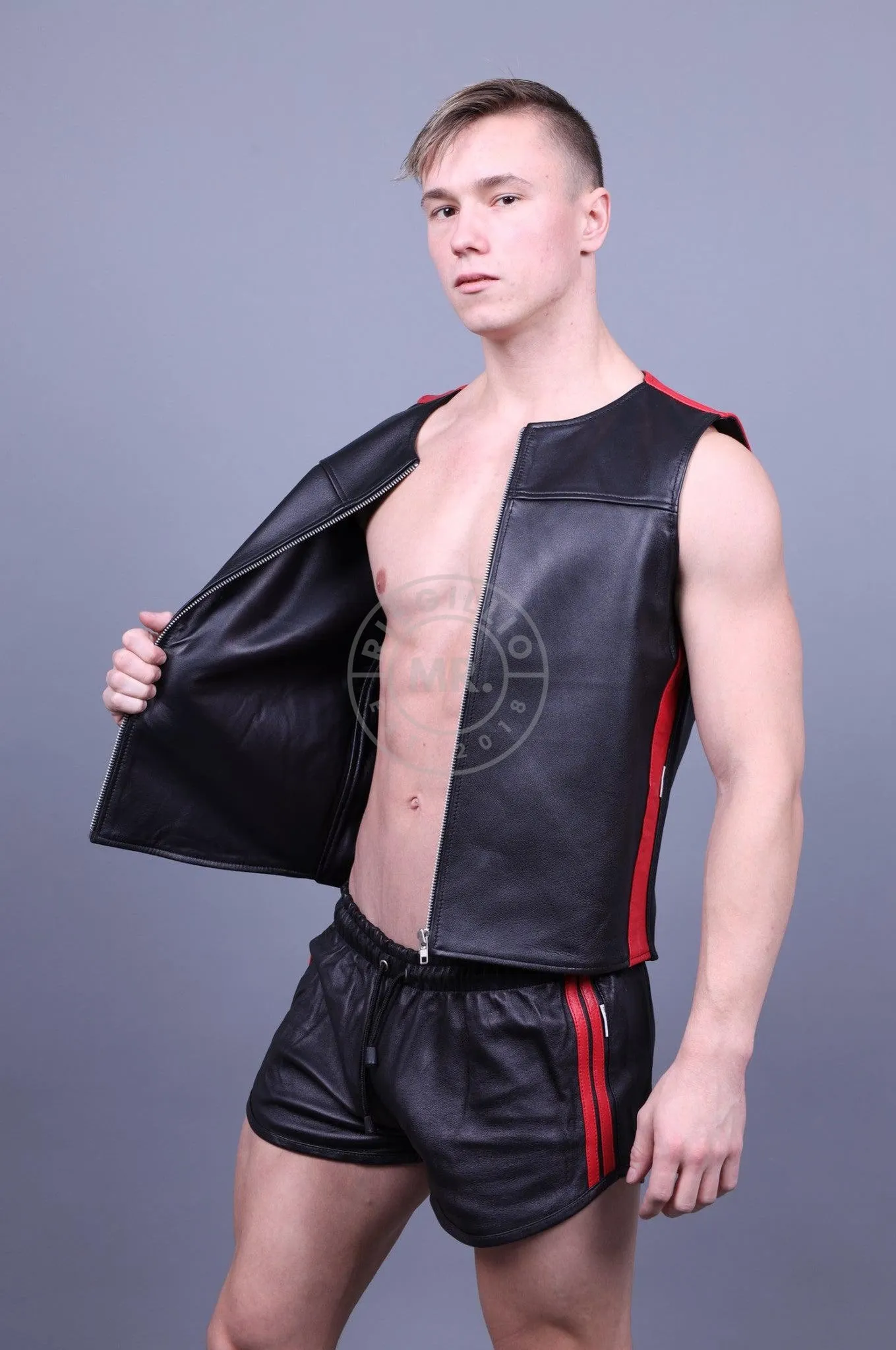 Leather Zipper Vest - Red Panels