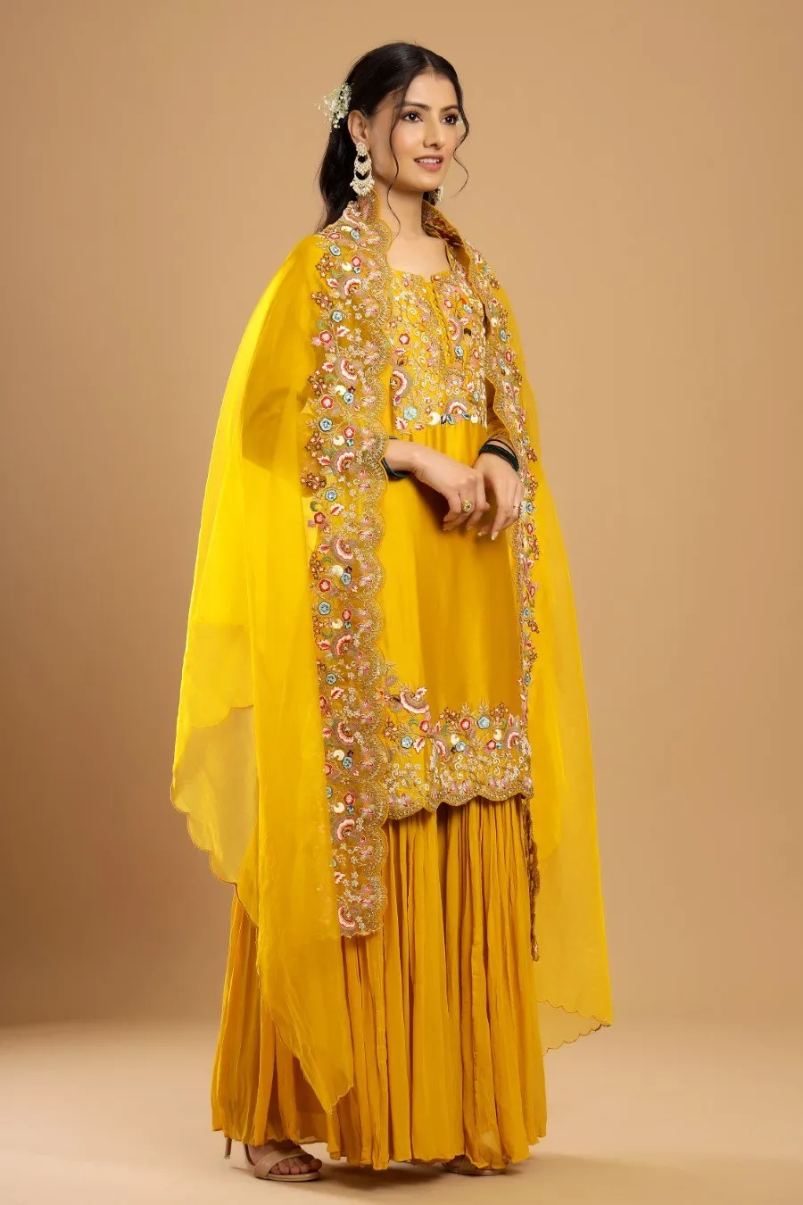 Mustard Modal Chanderi Embroidered Sharara Set