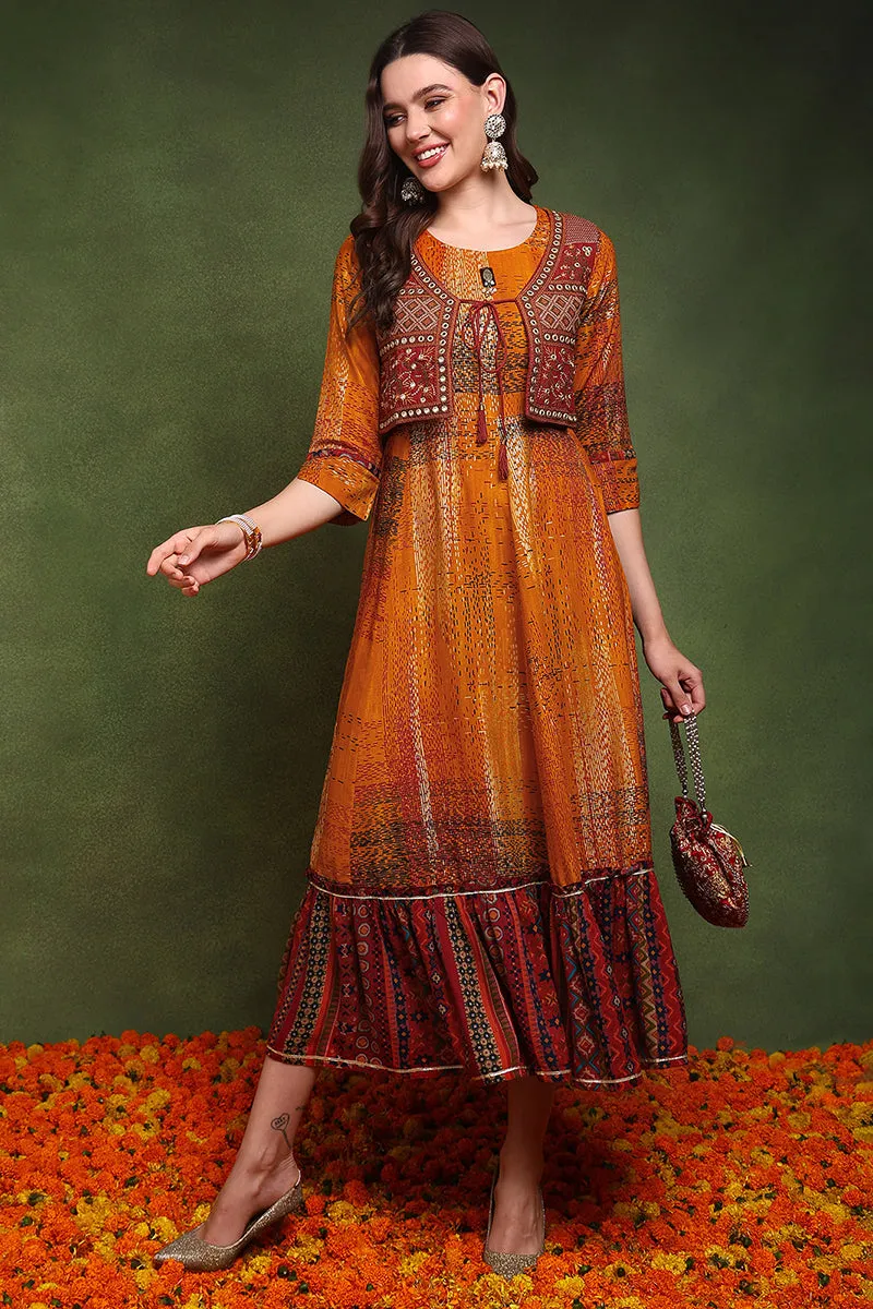 Mustard Viscose Rayon Abstract Printed A Line Kurta With Jacket