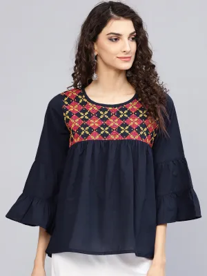 Navy Blue Embroidered A-Line Top