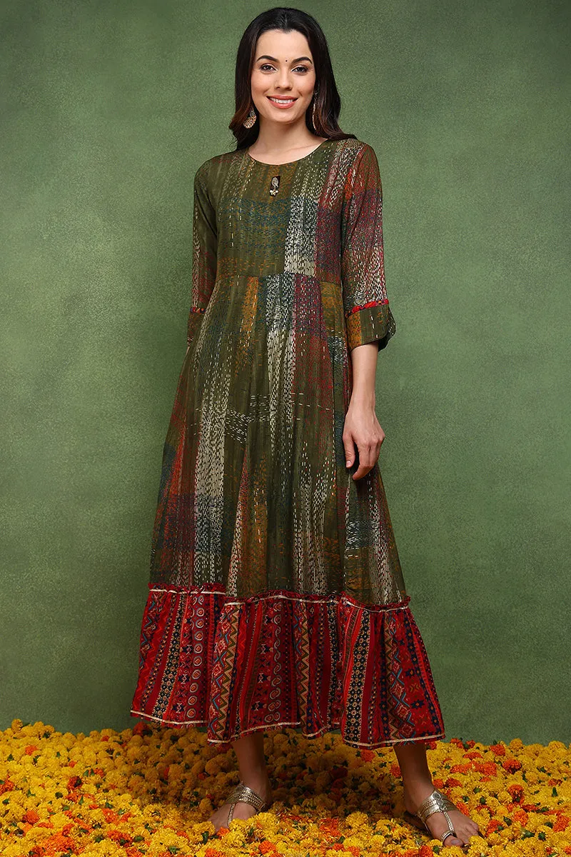 Olive Green Viscose Rayon Abstract Printed A Line Kurta With Jacket