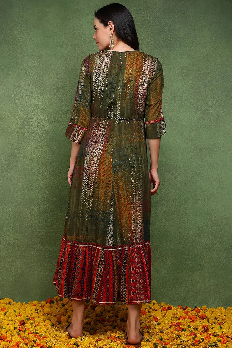 Olive Green Viscose Rayon Abstract Printed A Line Kurta With Jacket