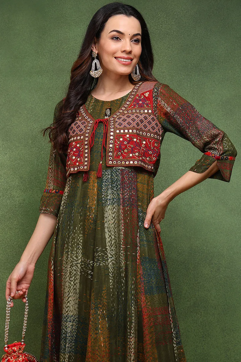 Olive Green Viscose Rayon Abstract Printed A Line Kurta With Jacket