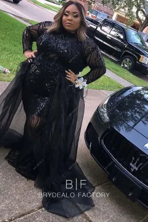 Plus Size Black Sequin Long Sleeve Prom Dress with Overskirt