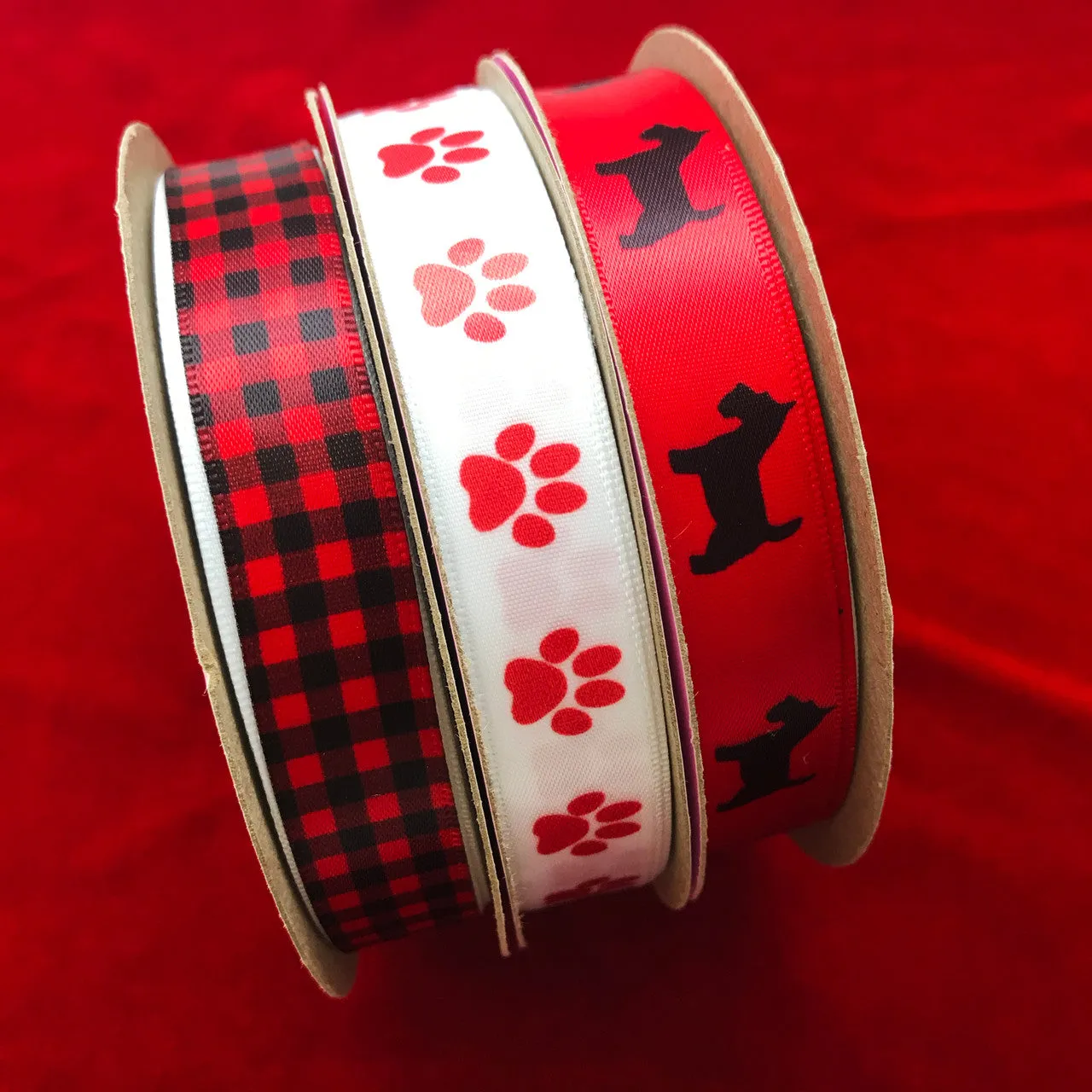 Scottie dog ribbon in  black printed on 5/8" red single face satin