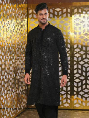 SHRESTHA By VASTRAMAY Men's Black Mirror Georgette Kurta