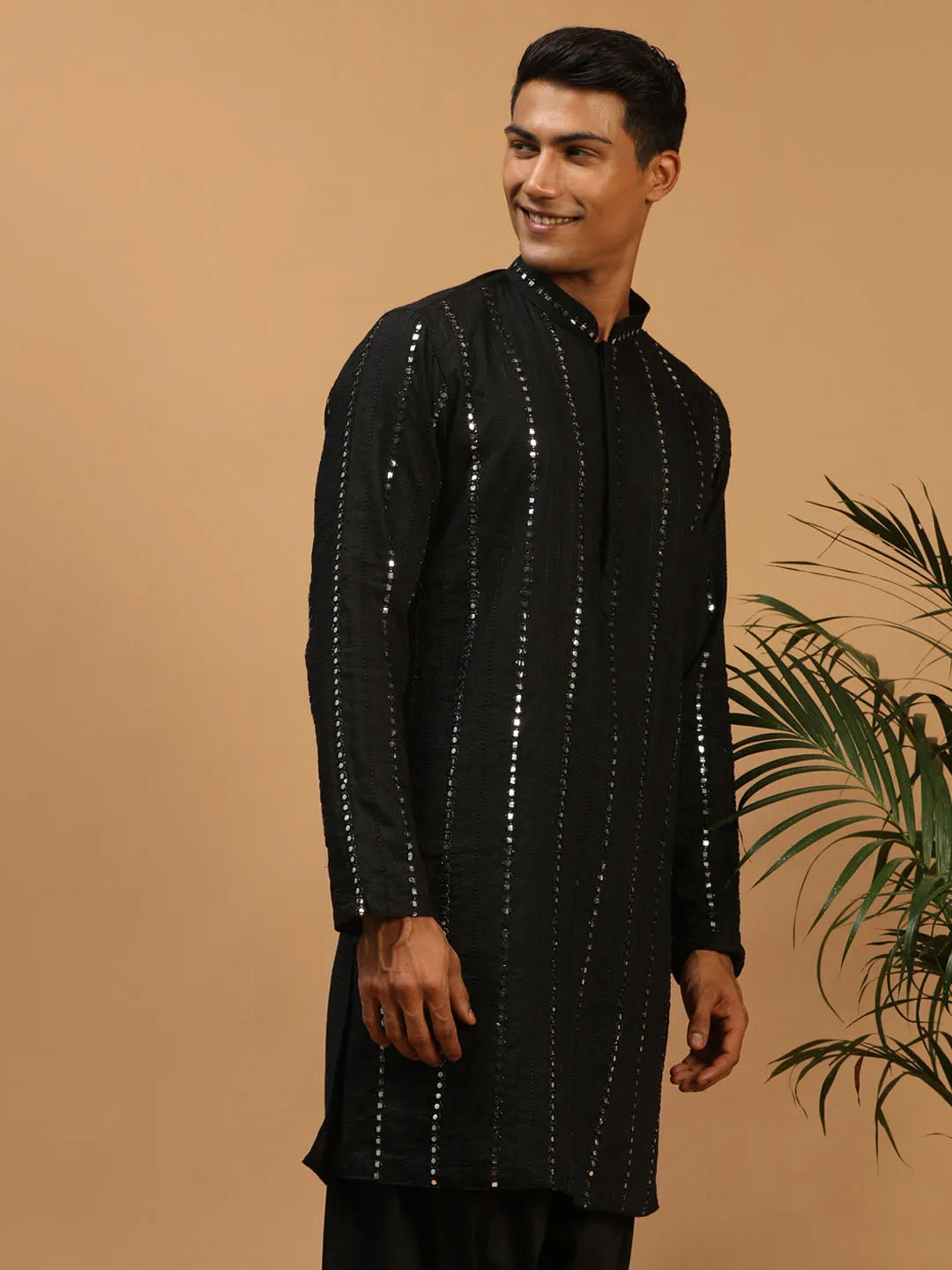 SHRESTHA By VASTRAMAY Men's Black Mirror Kurta