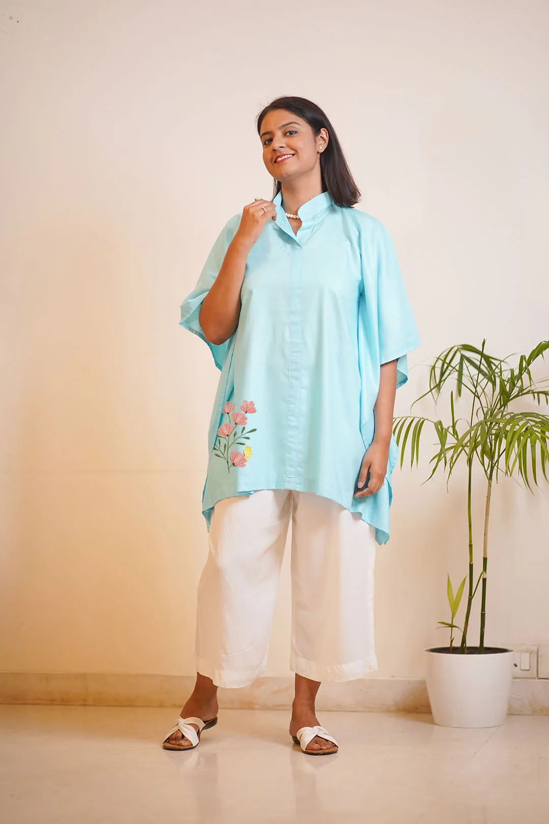 SkyBlue Rayon MandarinKurti - BloomingSky