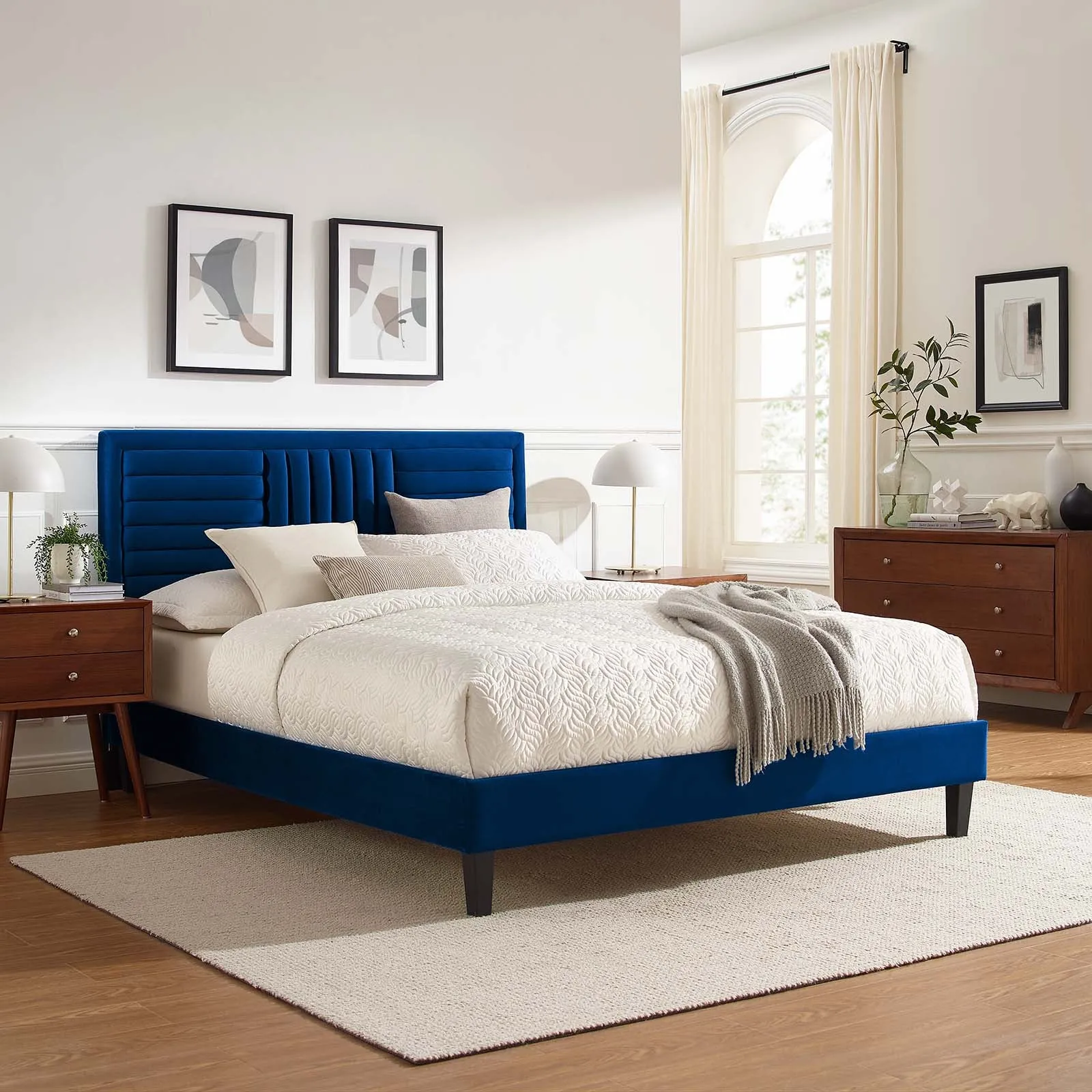 Sofia Channel Tufted Performance Velvet Queen Platform Bed Navy MOD-6975-NAV