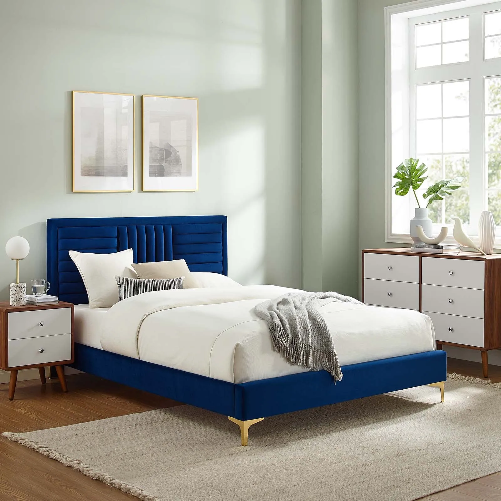 Sofia Channel Tufted Performance Velvet Twin Platform Bed Navy MOD-6983-NAV