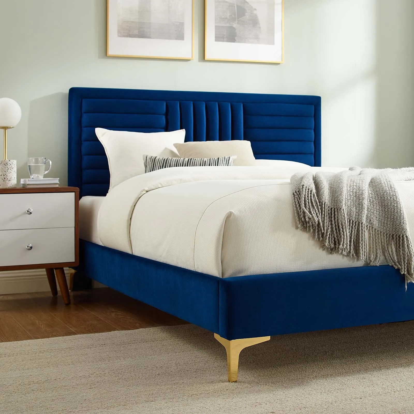 Sofia Channel Tufted Performance Velvet Twin Platform Bed Navy MOD-6983-NAV